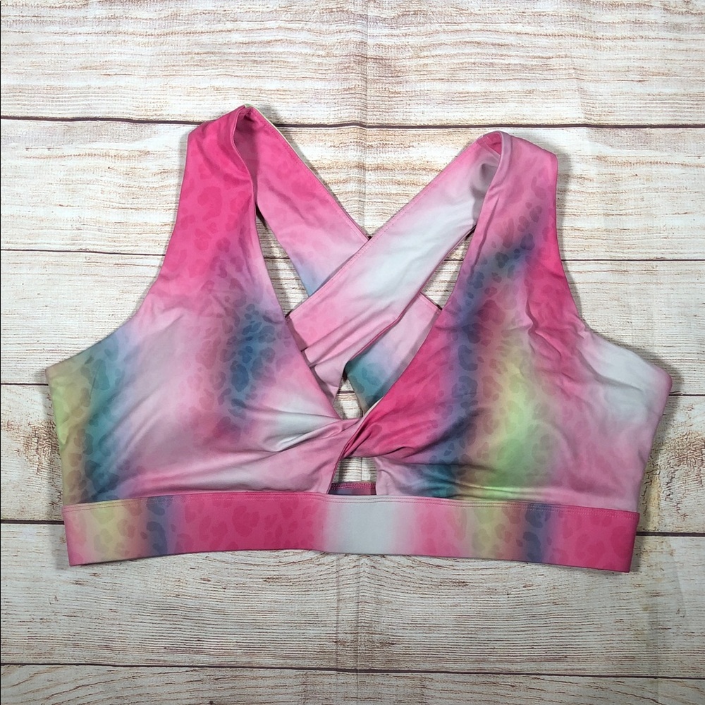 Fabletics Oasis Pink Multi-Color Cheetah Print Crisscross Sports Bra